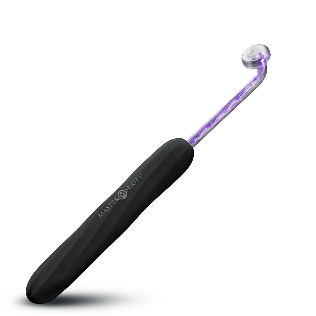 Master Series Elektra Rechargeable Violet Wand: sleek black handle with an active glass electrode glowing with purple arcs.