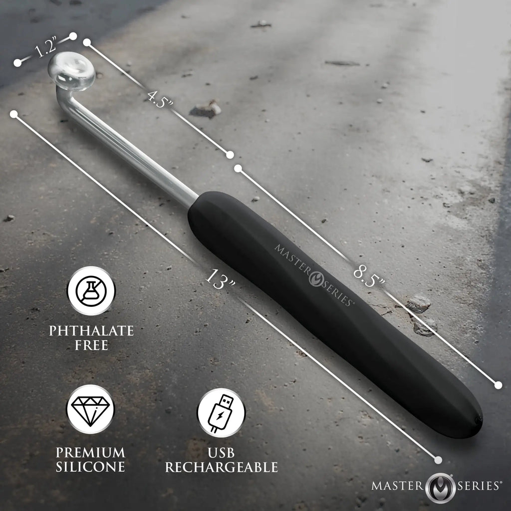 Master Series Elektra Rechargeable Violet Wand: a black handle wand with a metal stem and glass attachment, labeled.