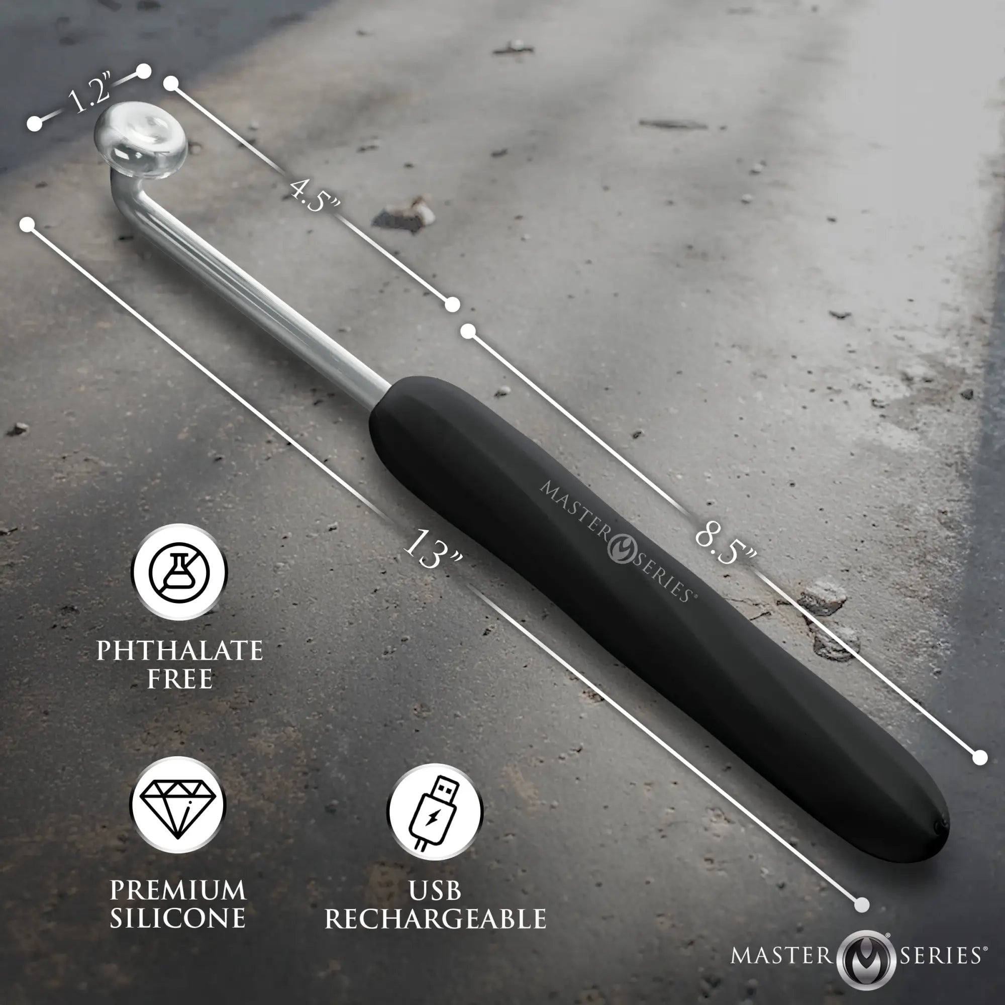 Master Series Elektra Rechargeable Violet Wand: a black handle wand with a metal stem and glass attachment, labeled.