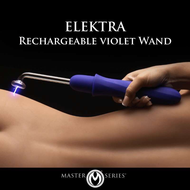 Hand holding a blue Master Series Elektra Violet Wand with a glass attachment creating a blue electric spark on skin.