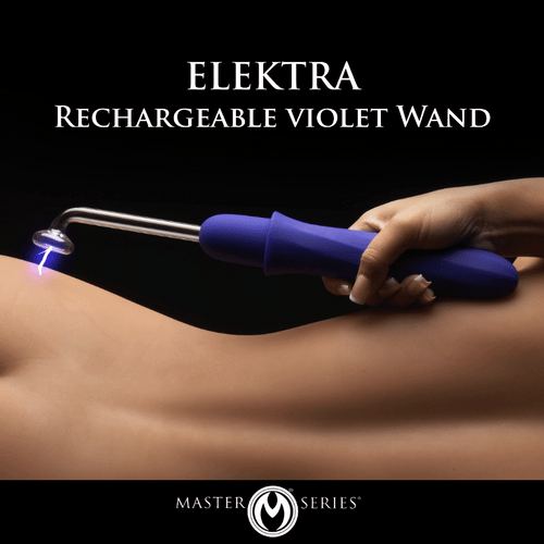 Hand holding a blue Master Series Elektra Violet Wand with a glass attachment creating a blue electric spark on skin.