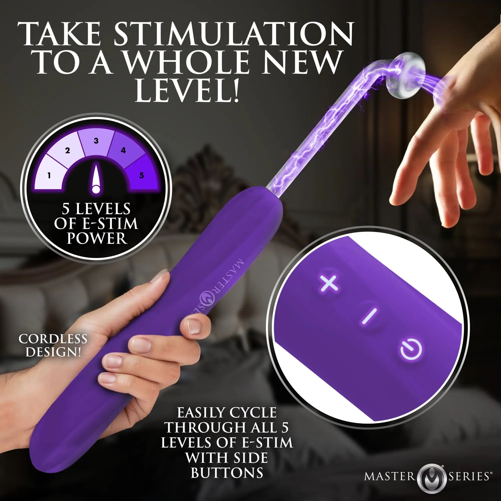 Master Series Elektra purple, rechargeable e-stim wand with 5 intensity levels and a glass attachment shown in use.