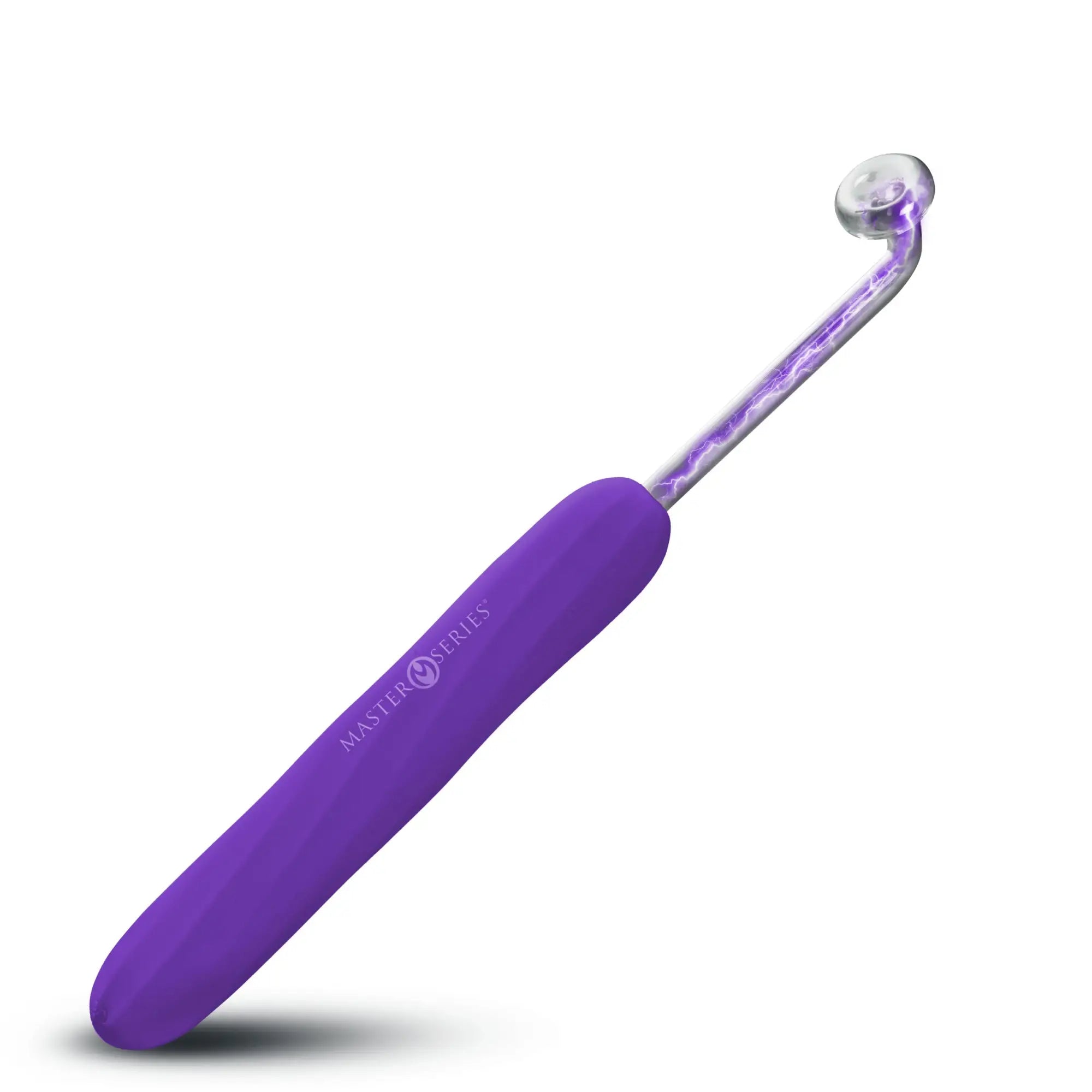 Master Series Elektra rechargeable violet wand with a purple handle and glass electrode glowing with purple electricity.