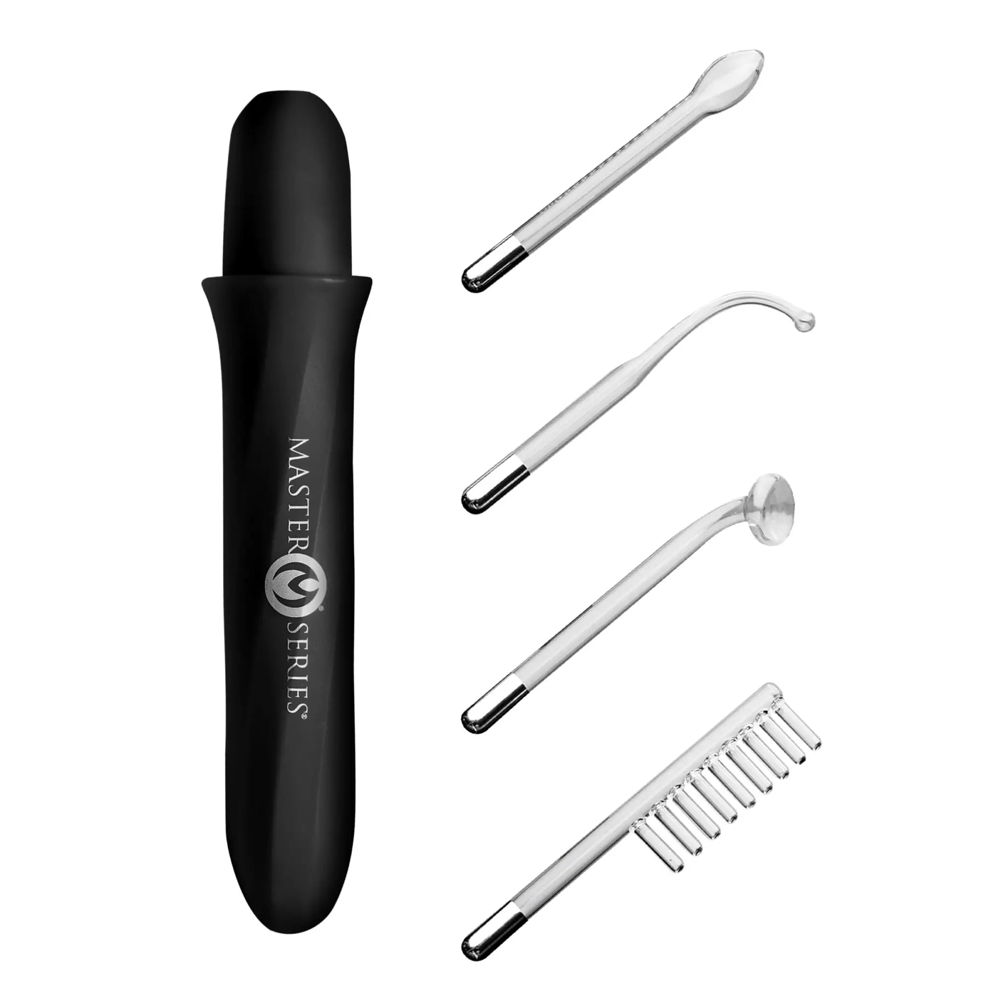Master Series Elektrawand black rechargeable wand with four assorted clear glass electrode attachments on white background.