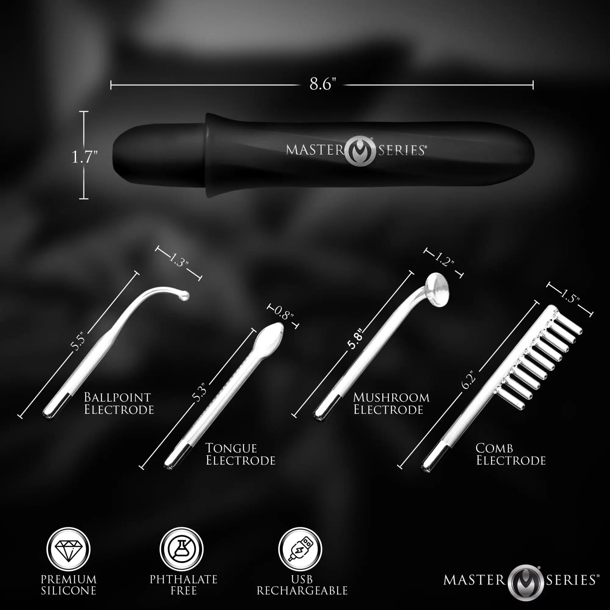 Master Series Elektrawand black rechargeable violet wand with four glass electrode attachments, labeled with dimensions.