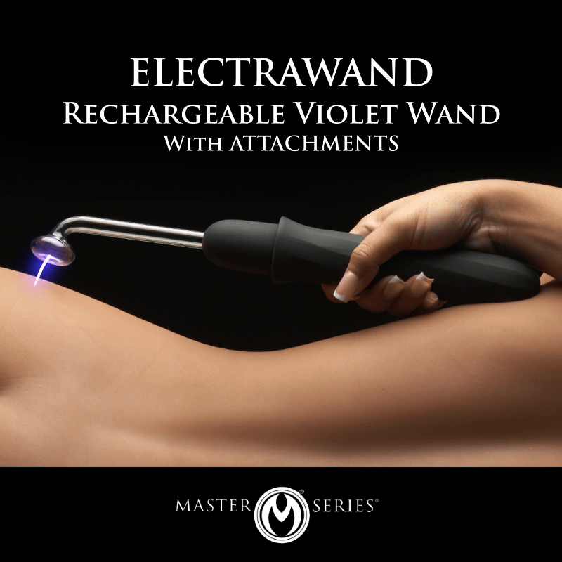 Master Series Elektrawand: A hand holding a black, rechargeable violet wand emitting a small blue electrical spark.