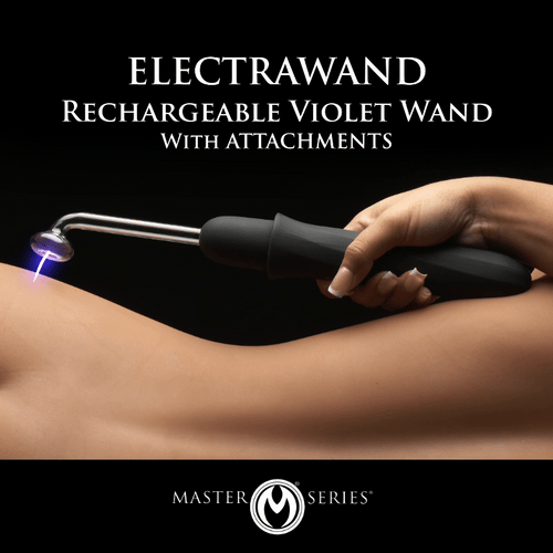 Master Series Elektrawand: A hand holding a black, rechargeable violet wand emitting a small blue electrical spark.