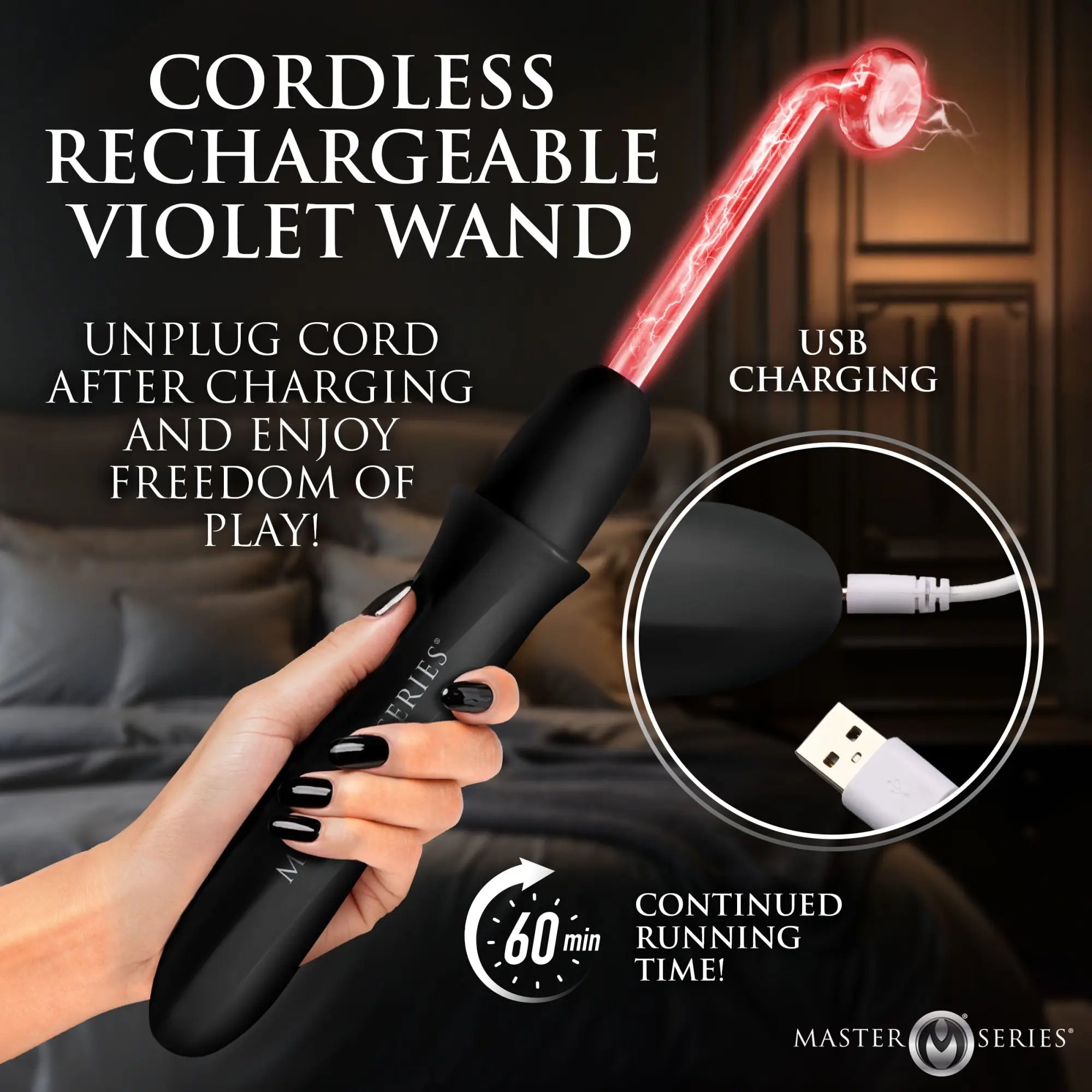 Master Series Elektrawand: A sleek black, rechargeable violet wand shown with a glowing electrode and USB charger.