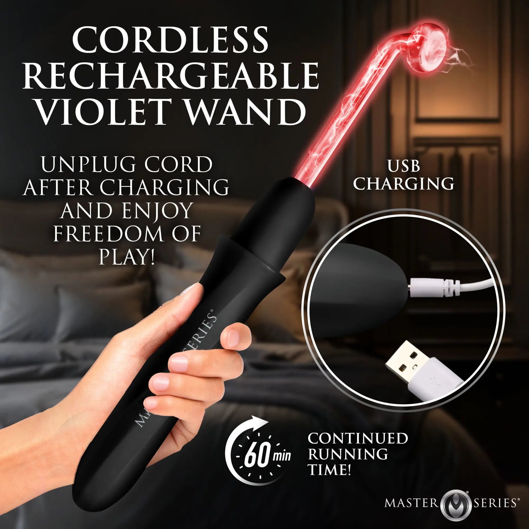 Master Series Elektrawand: A black, handheld rechargeable violet wand emitting red electrical energy.