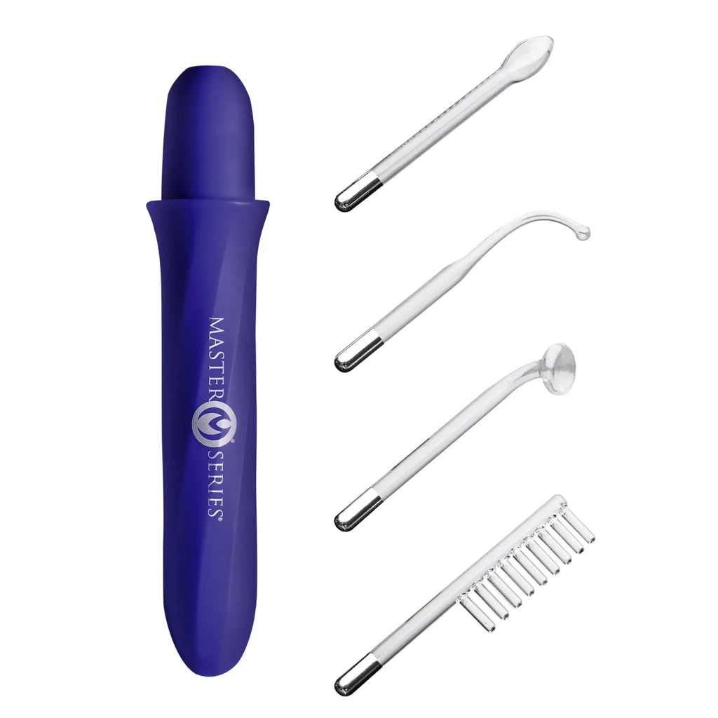 Master Series Elektrawand in purple with four clear, unique glass attachments on a plain white background.