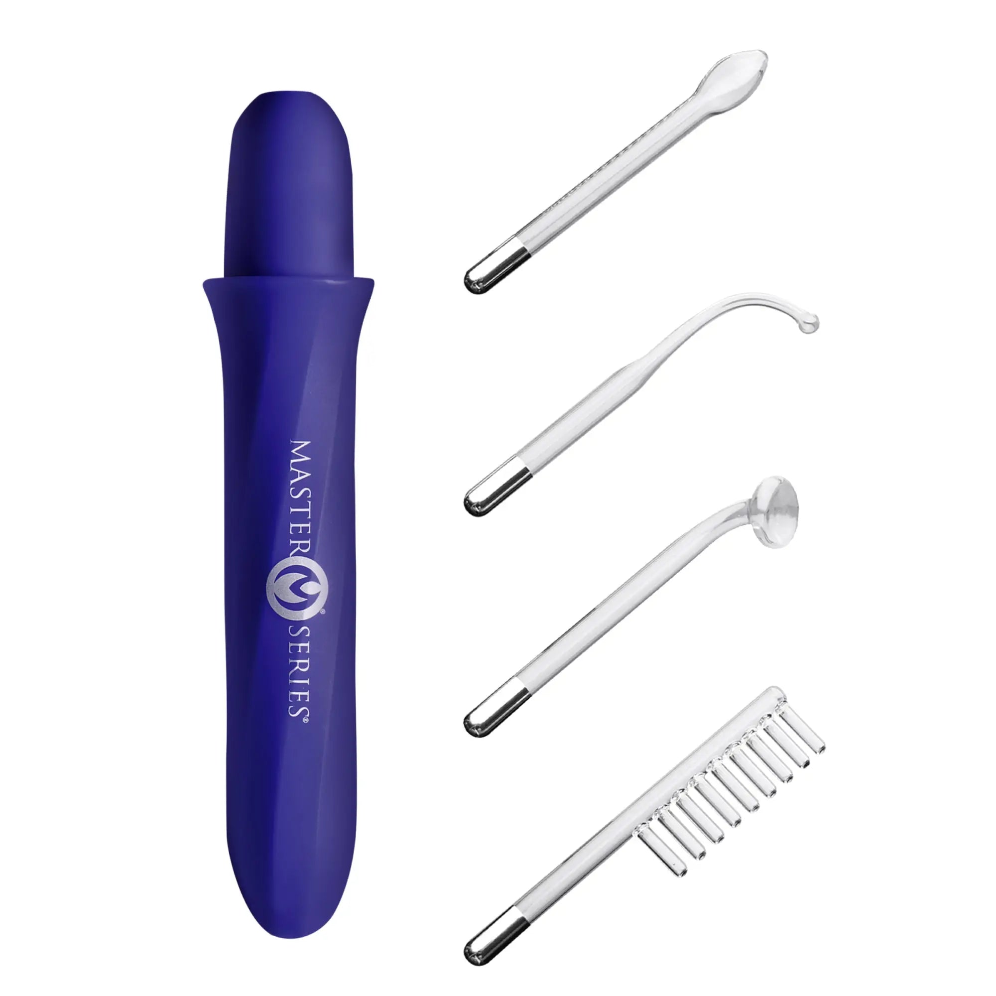 Master Series Elektrawand in purple with four clear, unique glass attachments on a plain white background.