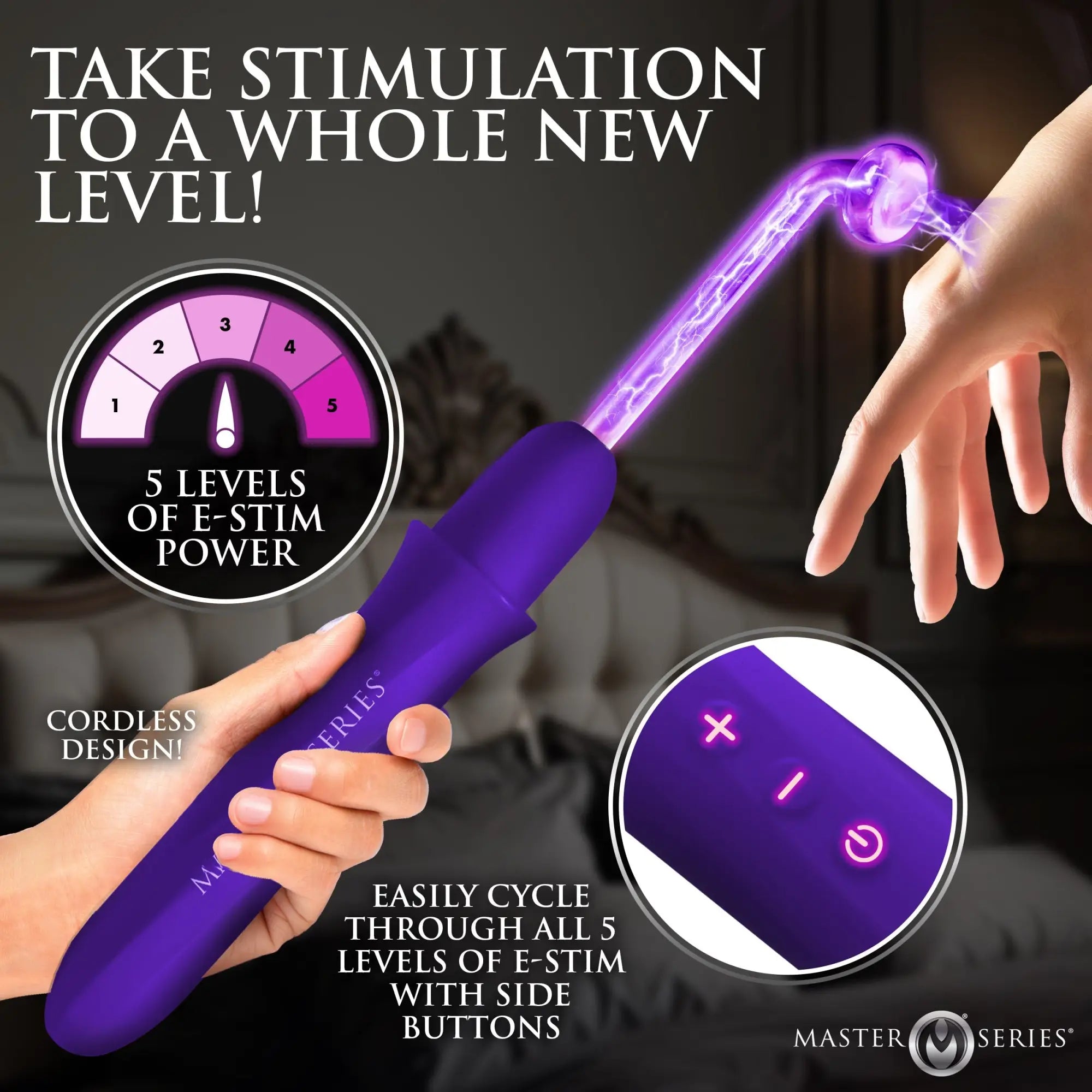 Master Series Elektrawand: Purple cordless e-stim wand with glowing violet electrical discharge touching a hand.