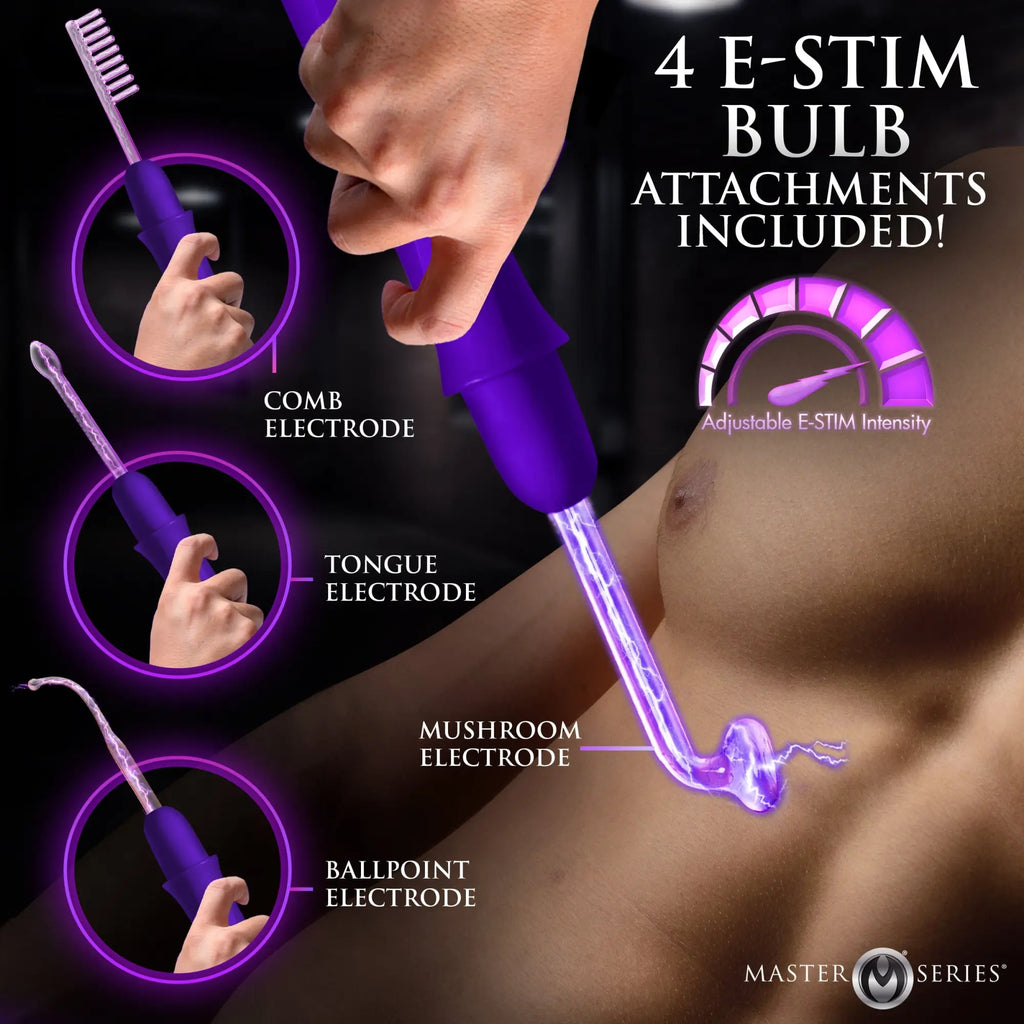 Master Series Elektrawand showing purple e-stim handle, adjustable intensity gauge, and four glass electrode attachments.