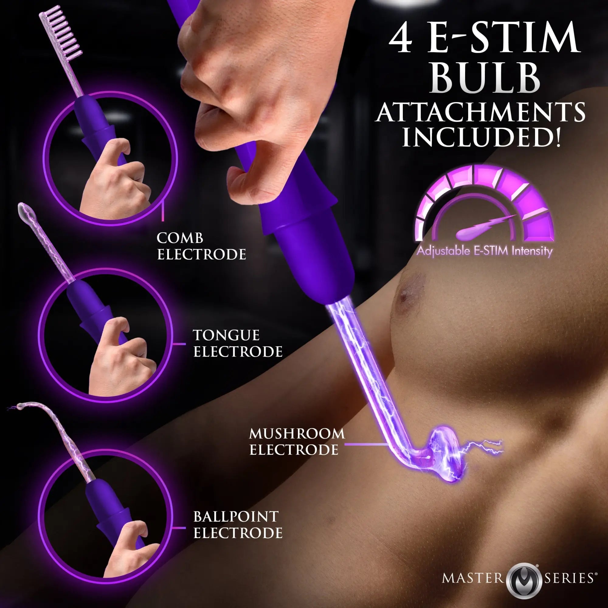 Master Series Elektrawand showing purple e-stim handle, adjustable intensity gauge, and four glass electrode attachments.