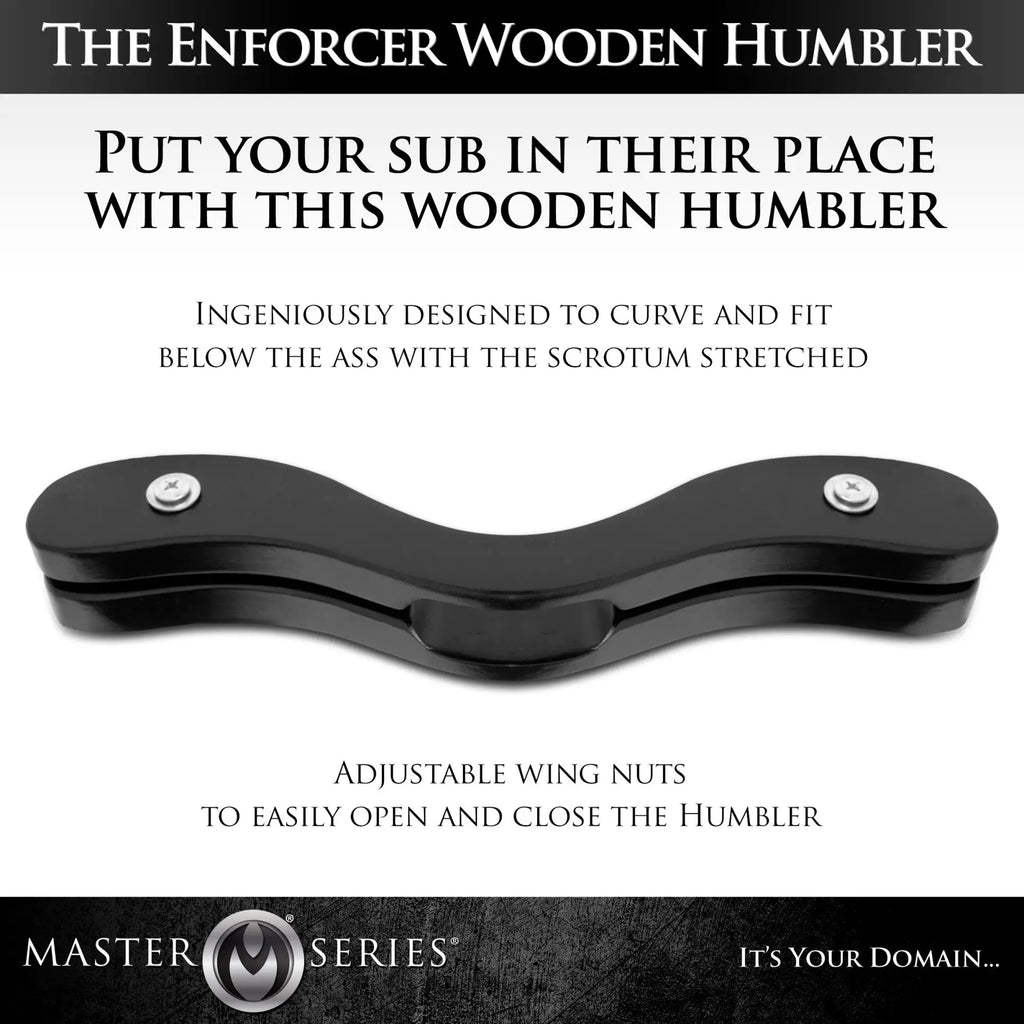 Master Series The Enforcer: A curved, black wooden humbler with two adjustable metal wing nuts.