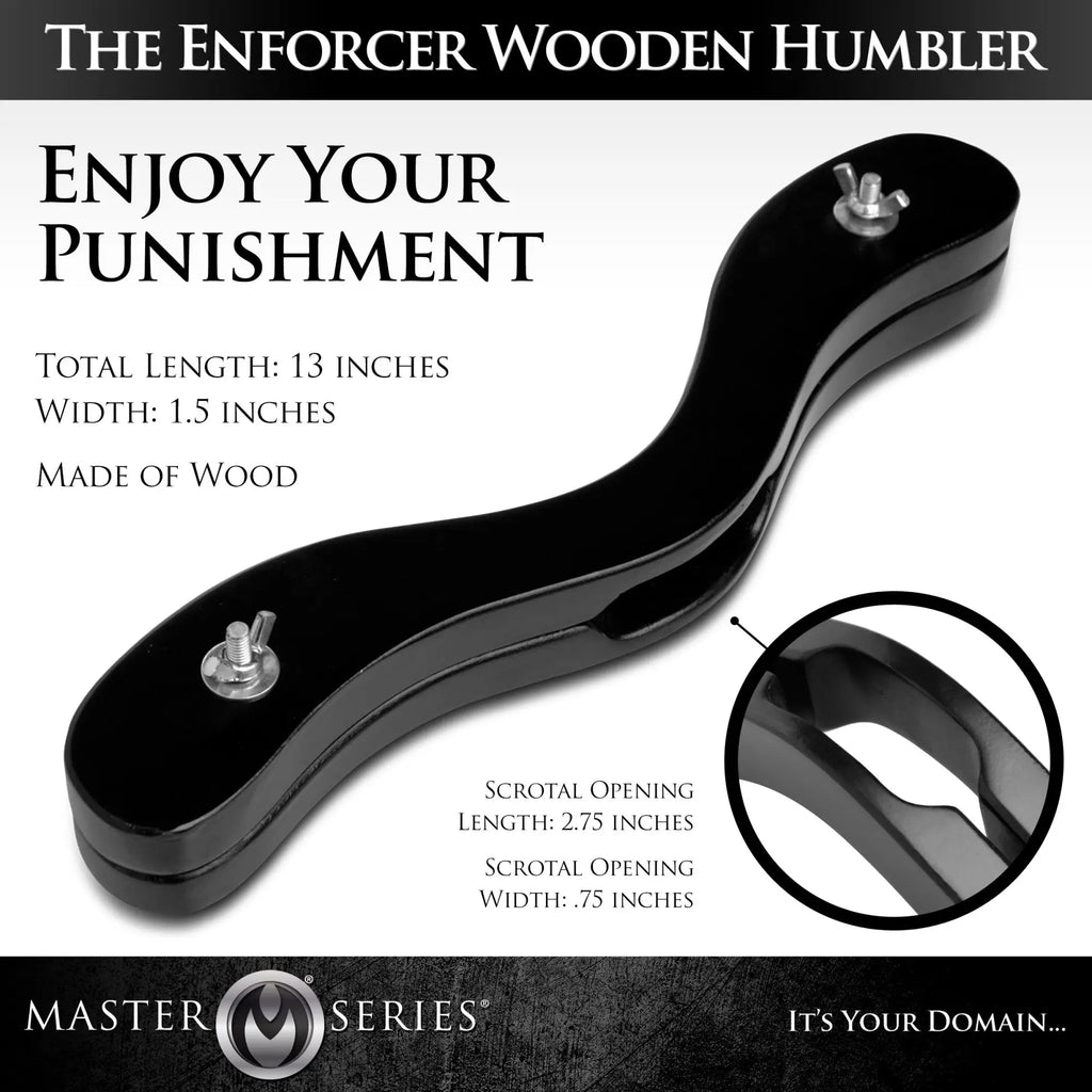 Master Series The Enforcer black wooden humbler with metal wing nuts and a detailed view of the central opening.