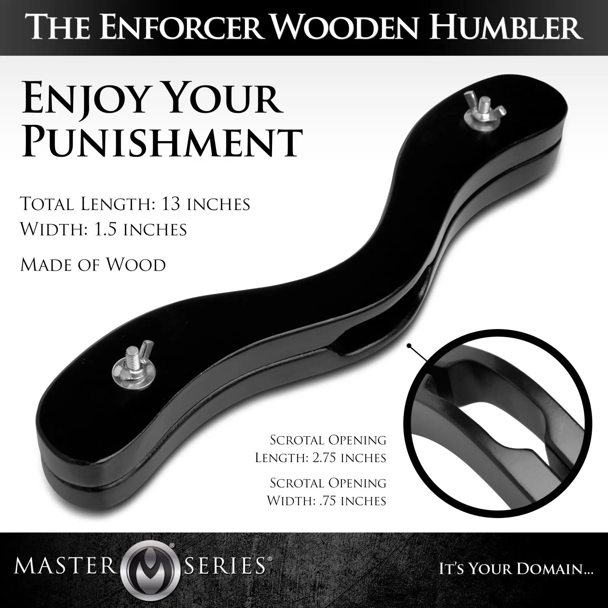 Master Series The Enforcer black wooden humbler with metal wing nuts and a detailed view of the central opening.