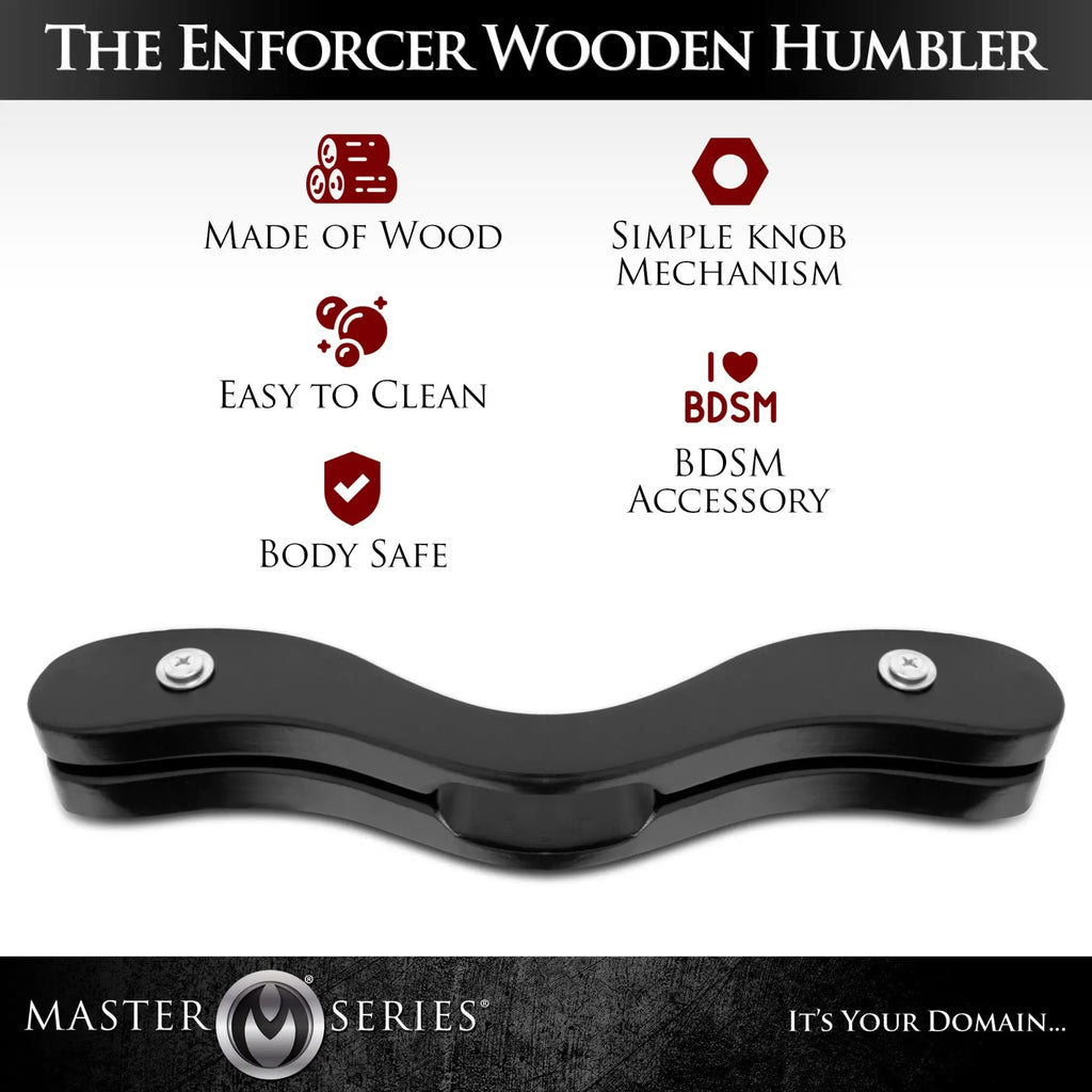 Master Series The Enforcer black wooden humbler featuring a curved, two-piece design with metal adjustment screws.