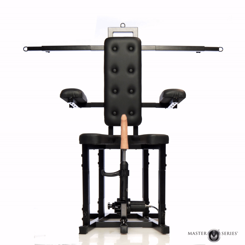 Master Series Enforcer chair: a black, tufted, industrial-style restraint chair featuring an integrated sex machine.