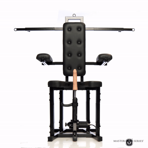 Master Series Enforcer chair: a black, tufted, industrial-style restraint chair featuring an integrated sex machine.