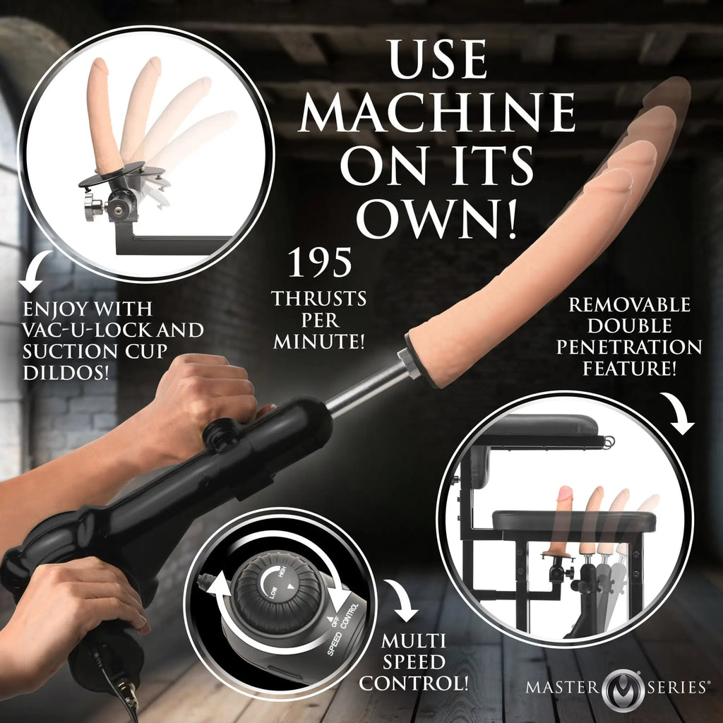 Master Series Enforcer Chair with Sex Machine: A black, multi-speed thrusting device with a beige, phallic attachment.