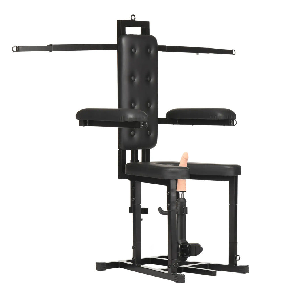 Master Series Enforcer Chair: black padded seat and backrest with metal frame, extending arms, and sex machine attachment.