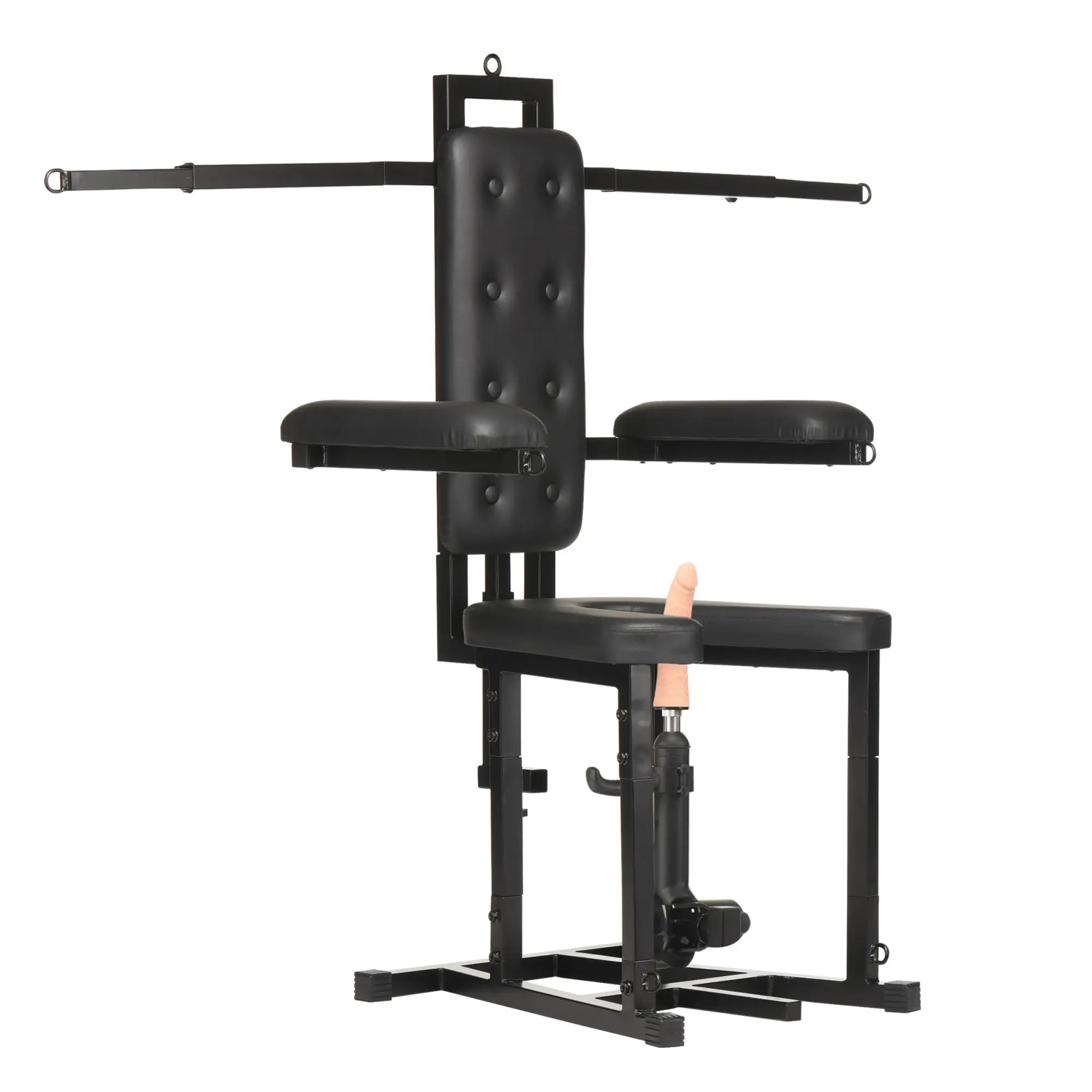 Master Series Enforcer Chair: black padded seat and backrest with metal frame, extending arms, and sex machine attachment.