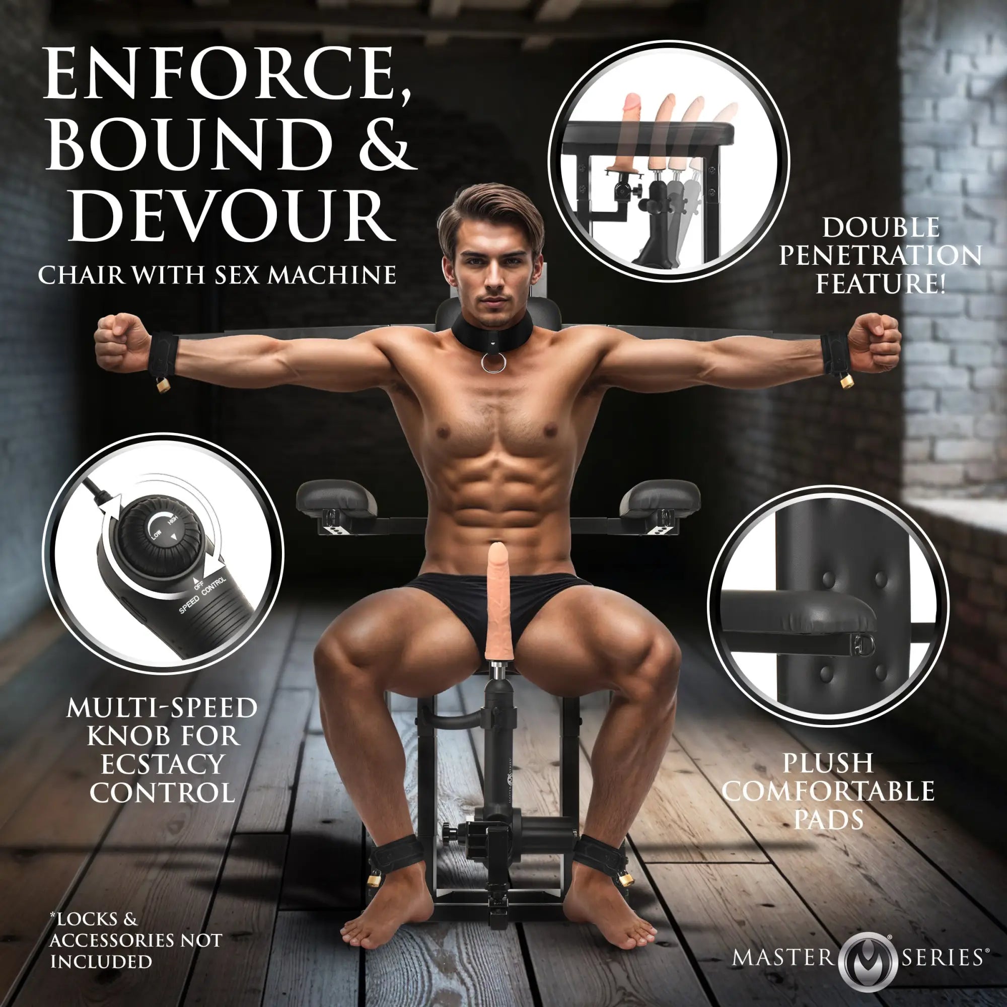Master Series Enforcer Chair: A black metal sex machine chair with arm/leg cuffs, dildos, and speed control.