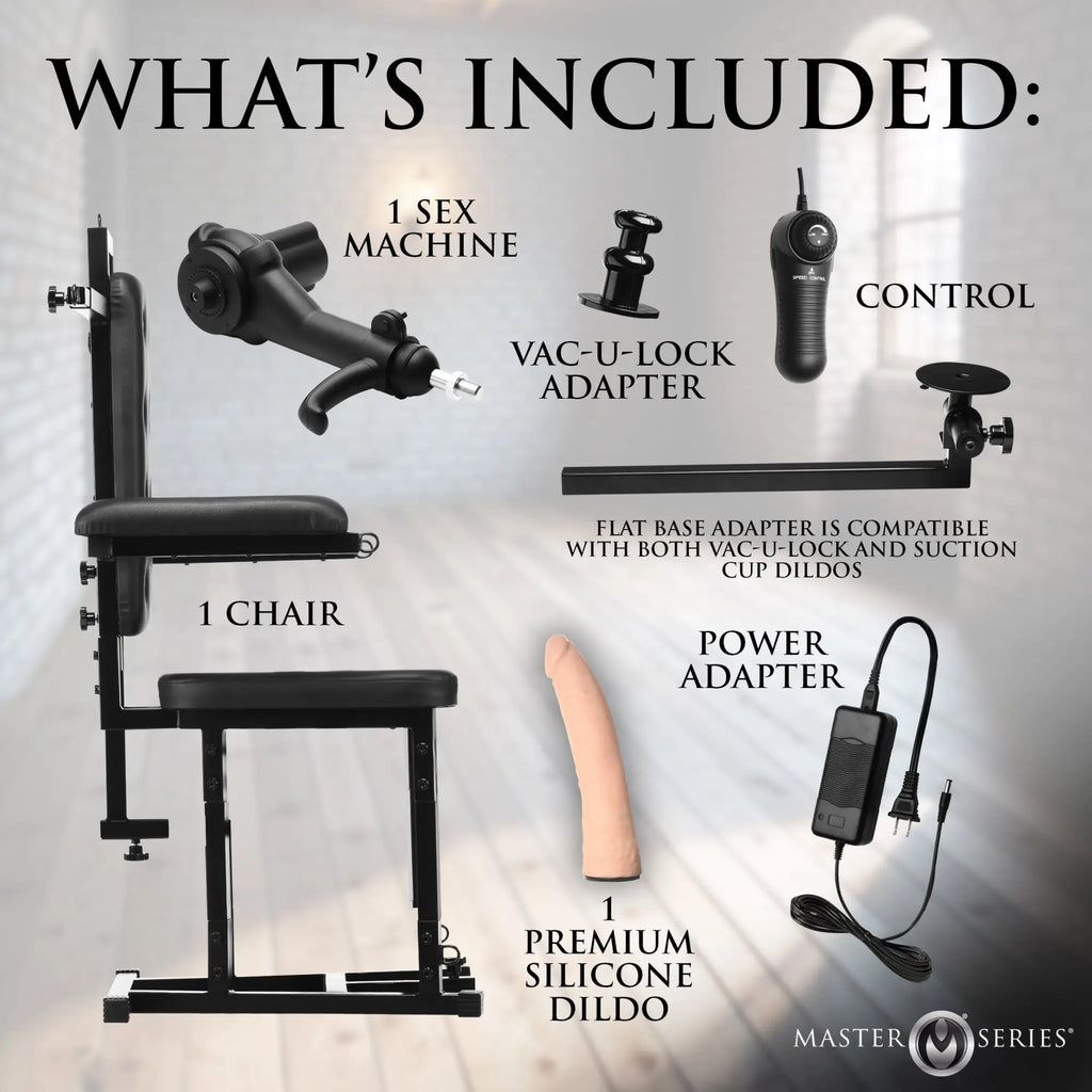 Master Series Enforcer Chair and sex machine kit with black metal chair, motor, control, adapters, and silicone dildo.