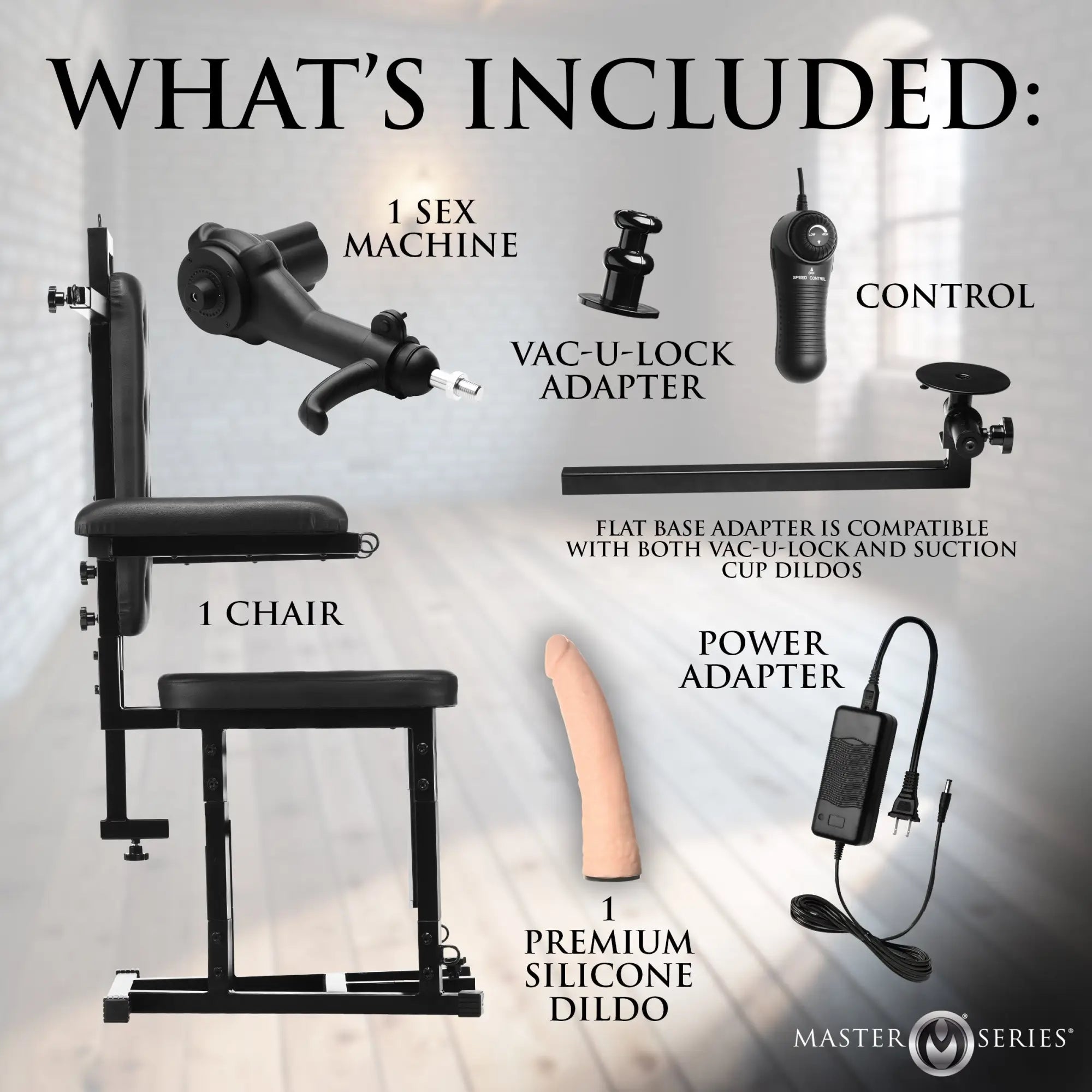 Master Series Enforcer Chair and sex machine kit with black metal chair, motor, control, adapters, and silicone dildo.