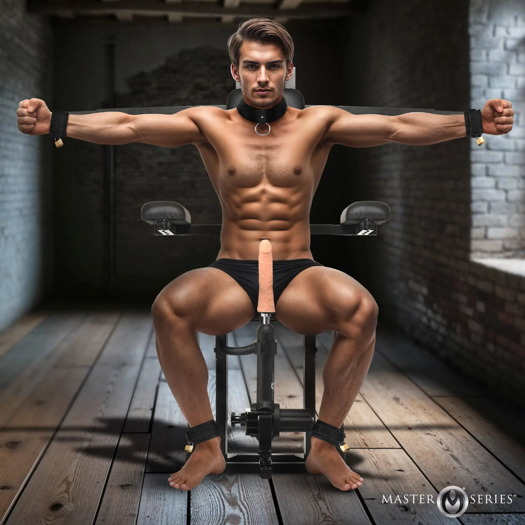 Master Series Enforcer Chair: A muscular man restrained in a black bondage chair featuring a built-in sex machine.