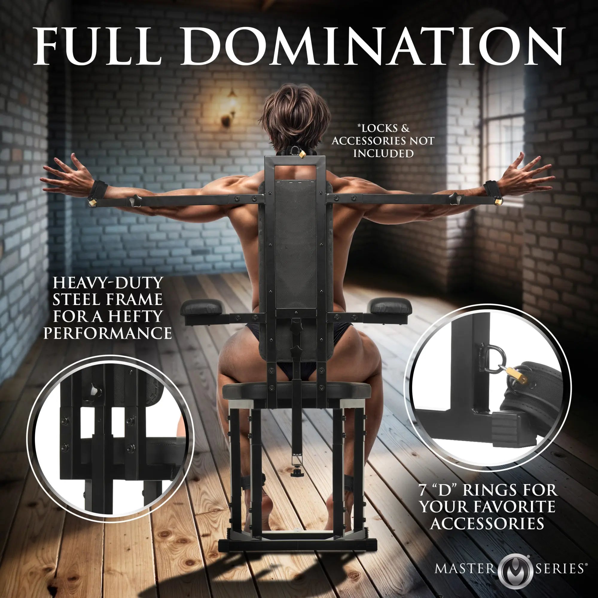 Master Series Enforcer Chair: A black steel restraint chair with arm/leg attachments, shown with an inset detail.