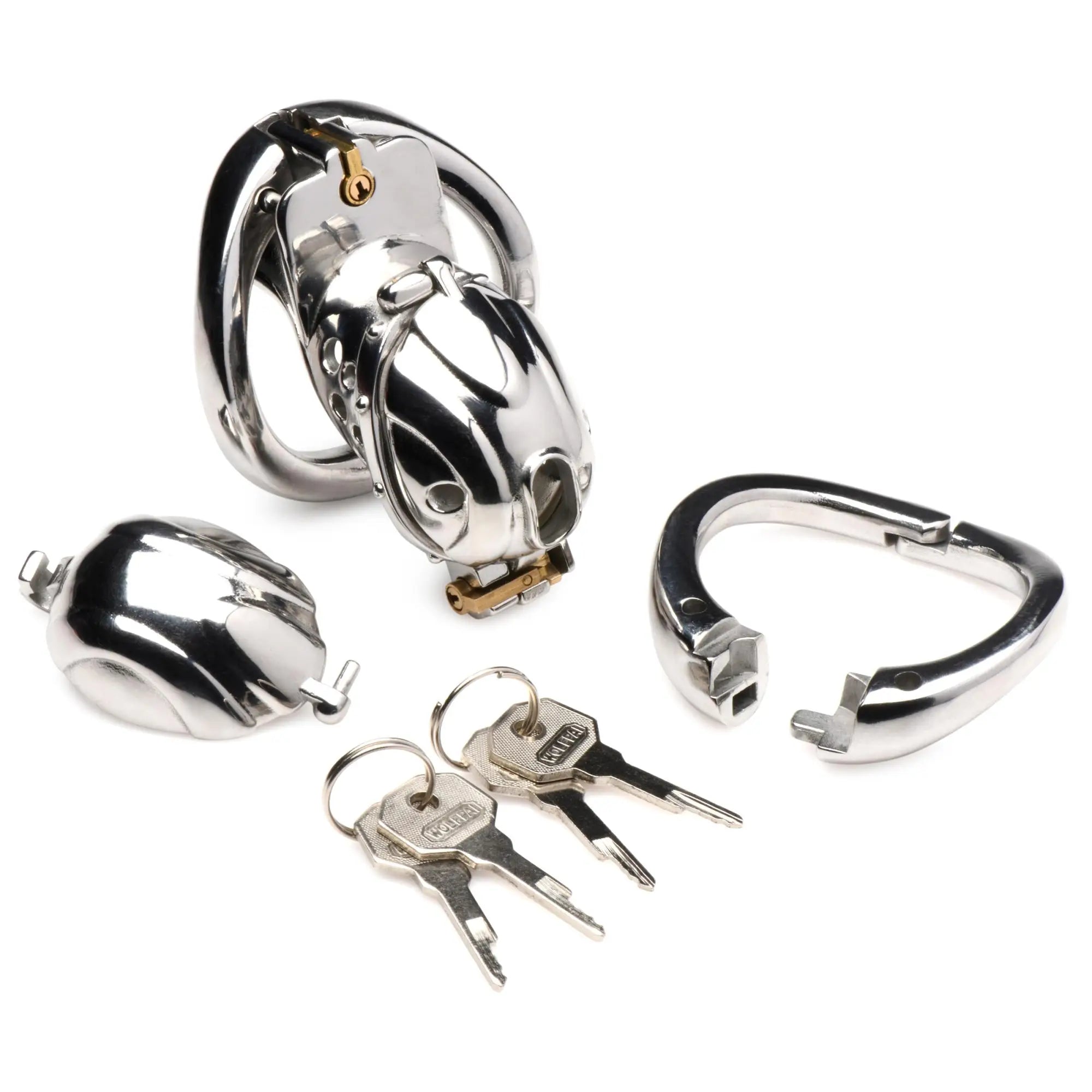 Master Series Entrapment Deluxe locking chastity cage in polished silver metal with keys, base ring, and cap.