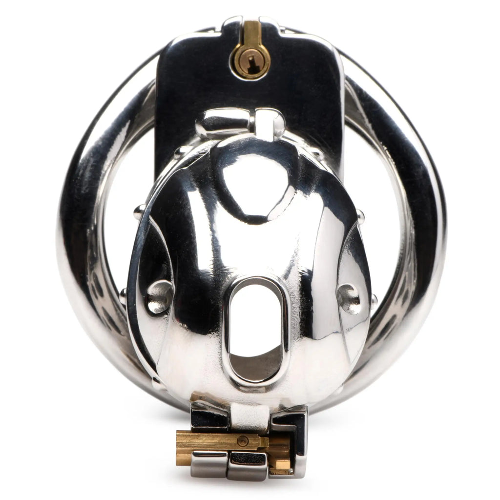 Master Series Entrapment Deluxe locking chastity cage in polished chrome metal with integrated gold-tone pin locks.