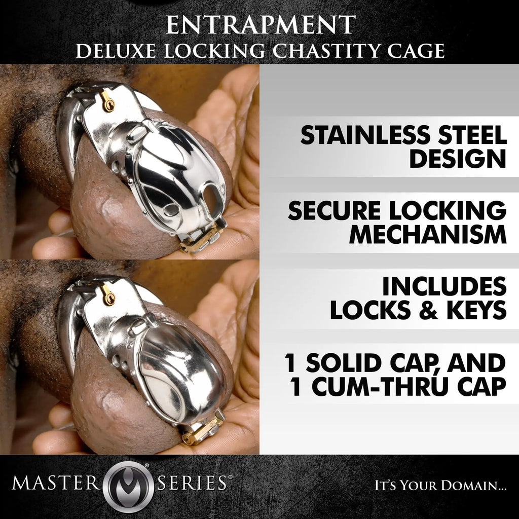Master Series Entrapment Deluxe Locking Chastity Cage: a shiny, silver stainless steel cage with two cap options.