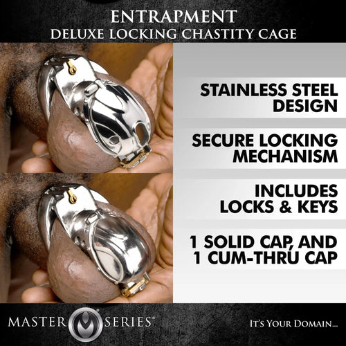 Master Series Entrapment Deluxe Locking Chastity Cage: a shiny, silver stainless steel cage with two cap options.