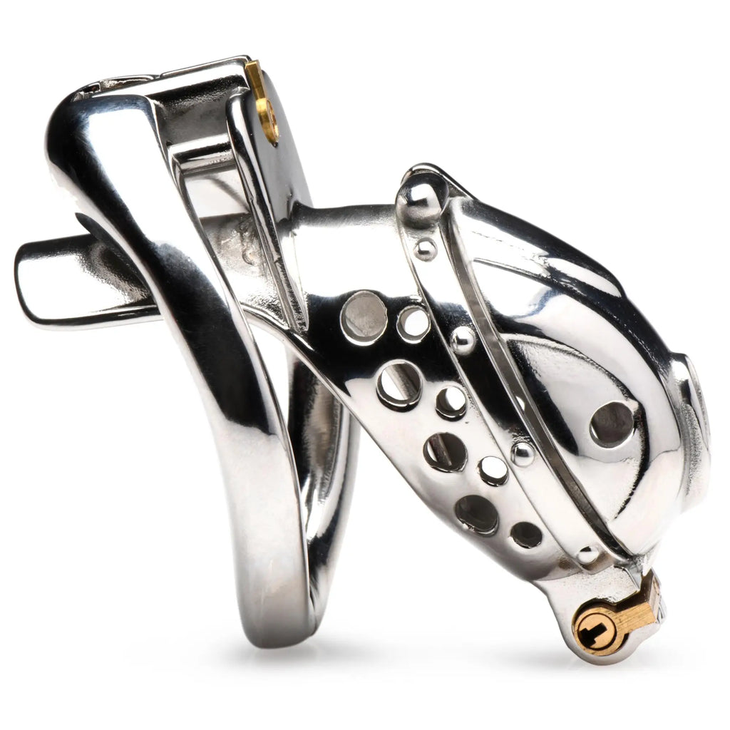 Master Series Entrapment Deluxe locking chastity cage in polished chrome metal with side ventilation holes and brass lock.