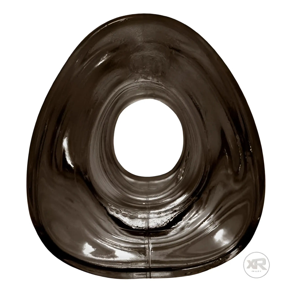 Master Series Excavate Tunnel Anal Plug: A dark, translucent, teardrop-shaped plug with a hollow center tunnel.