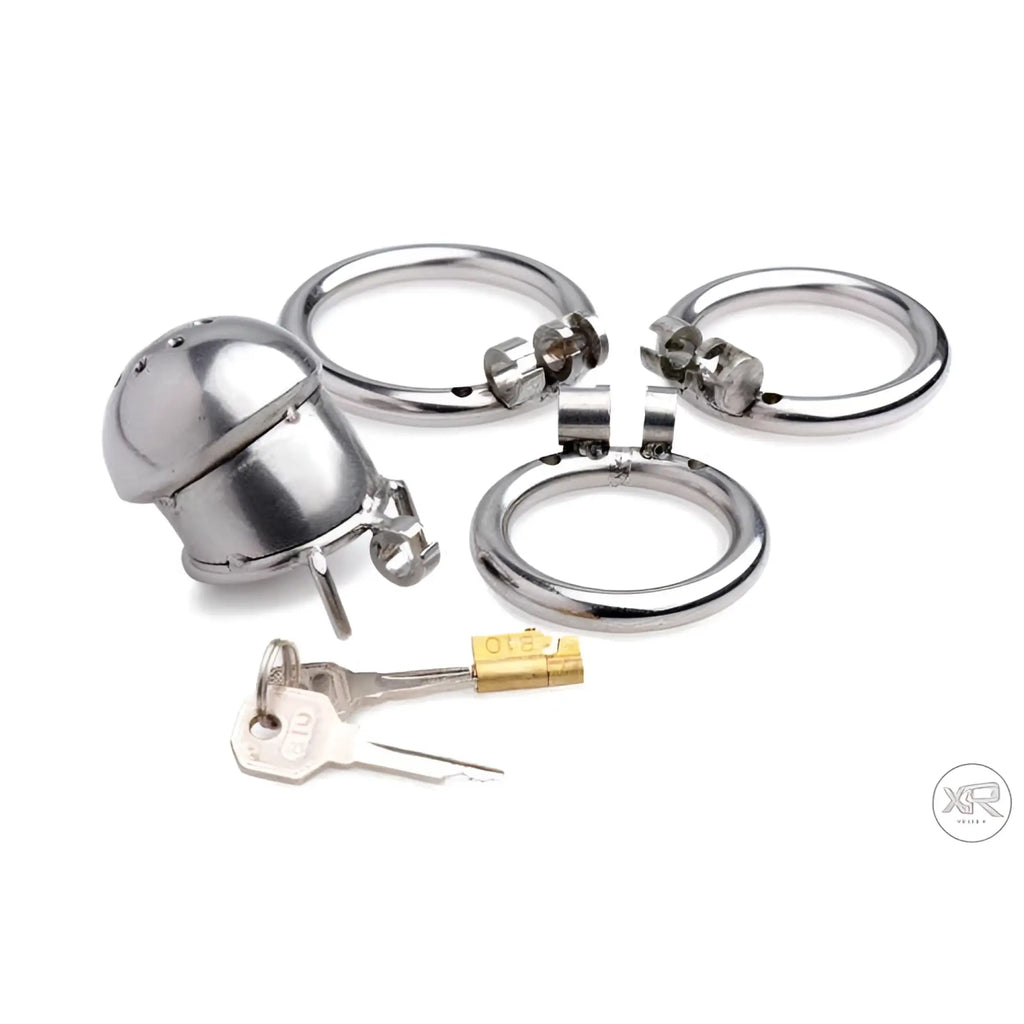 Master Series Exile Deluxe stainless steel locking cage with three rings, locking device, and keys.