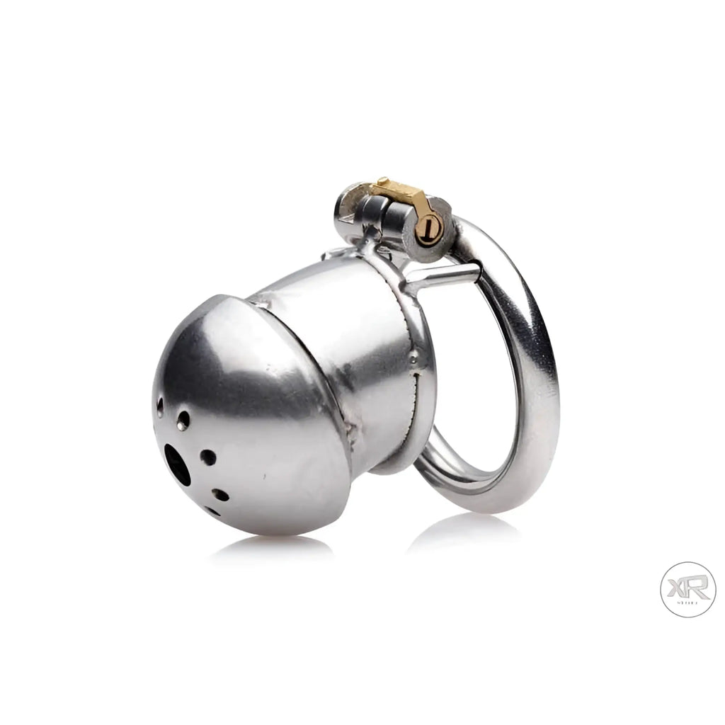 Master Series Exile Deluxe stainless steel confinement cage with a vented dome and integrated gold-tone locking hinge.