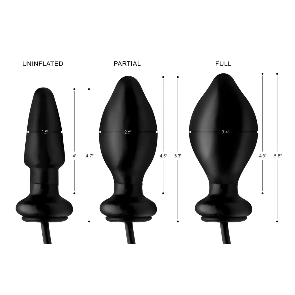 Master Series Expand Inflatable Anal Plug, shown in black at uninflated, partial, and full sizes with dimension labels.