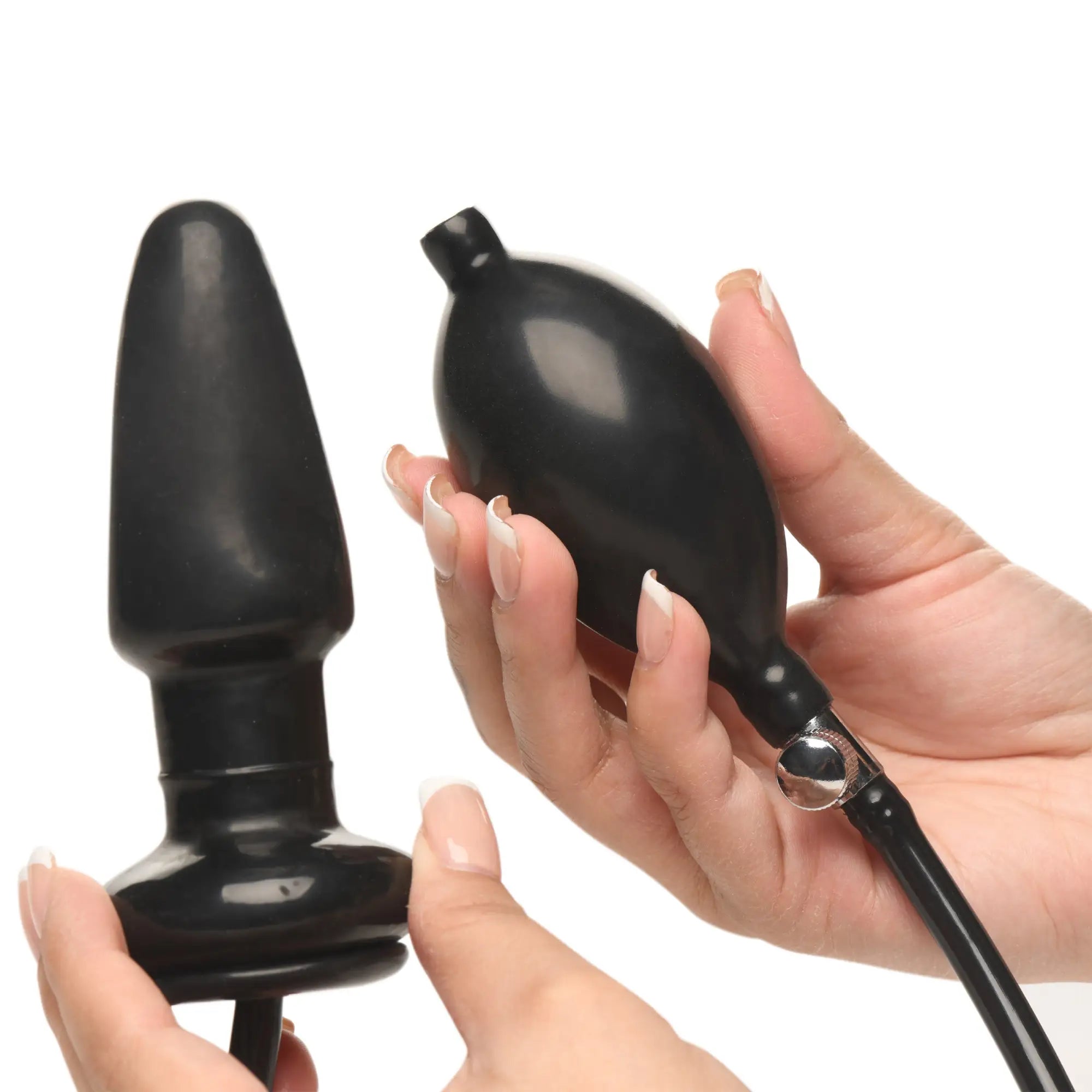 Master Series Expand Inflatable Anal Plug: black silicone plug with a matching hand pump, held against a white background.