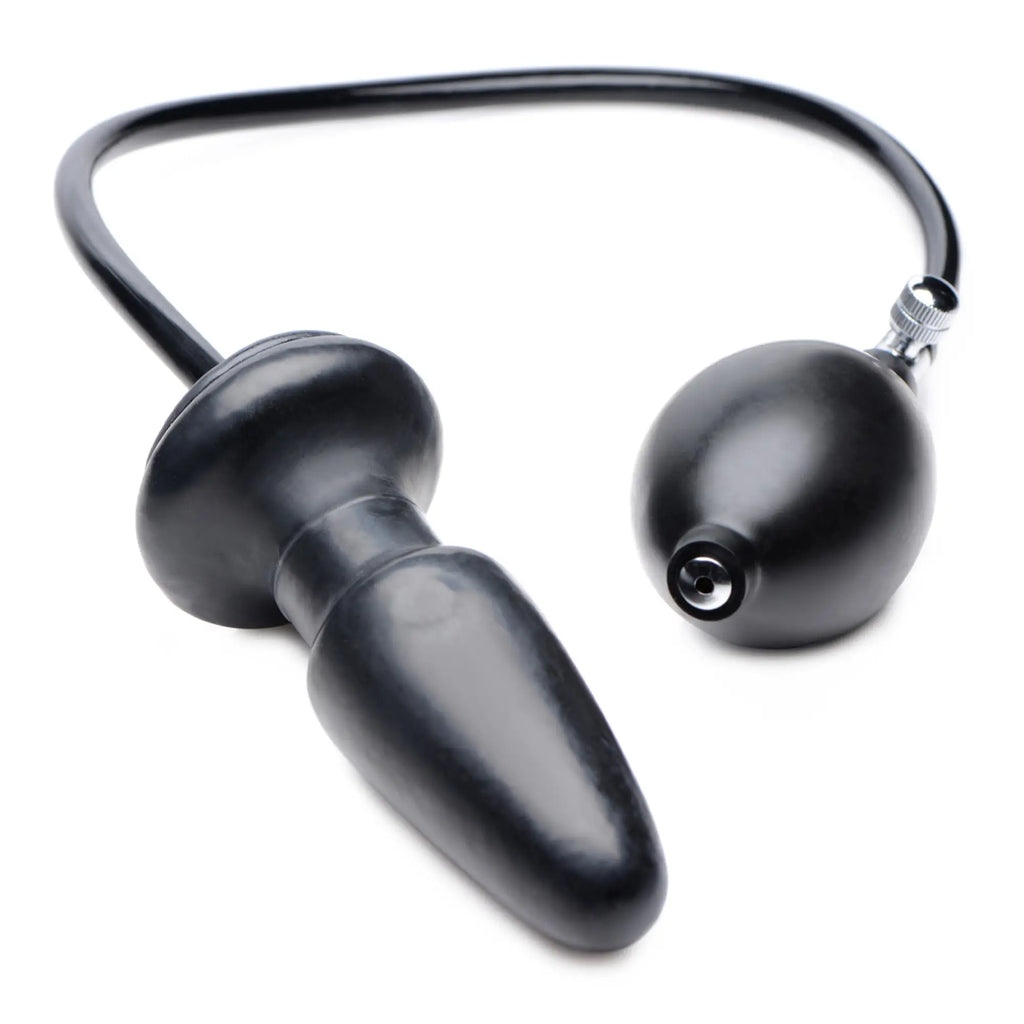 Master Series Expand Inflatable Anal Plug: black silicone plug with a matching hand-pump bulb and release valve.