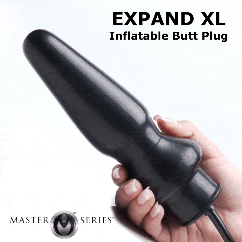 Master Series Expand XL: A smooth, black inflatable anal plug held in a hand against a white background.