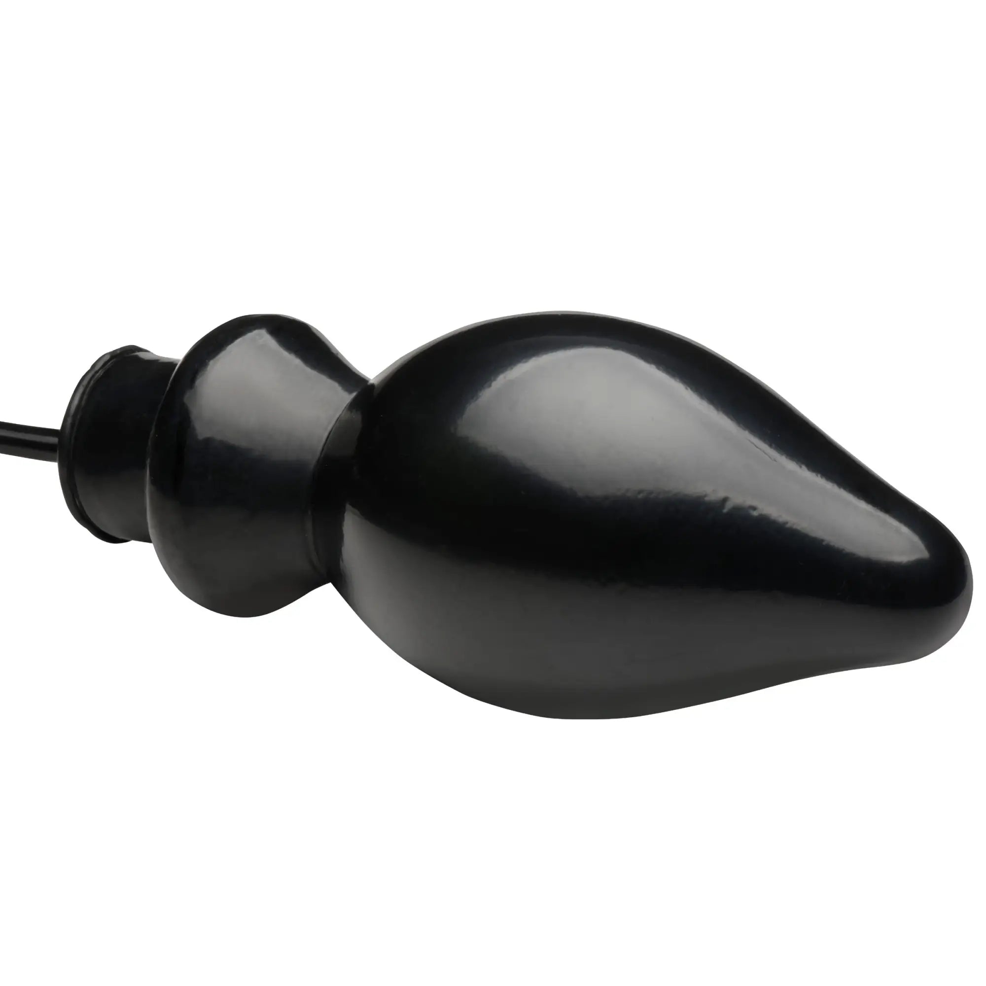Master Series Expand XL Inflatable Anal Plug: A smooth, black, bulbous inflatable plug with a thin inflation tube.