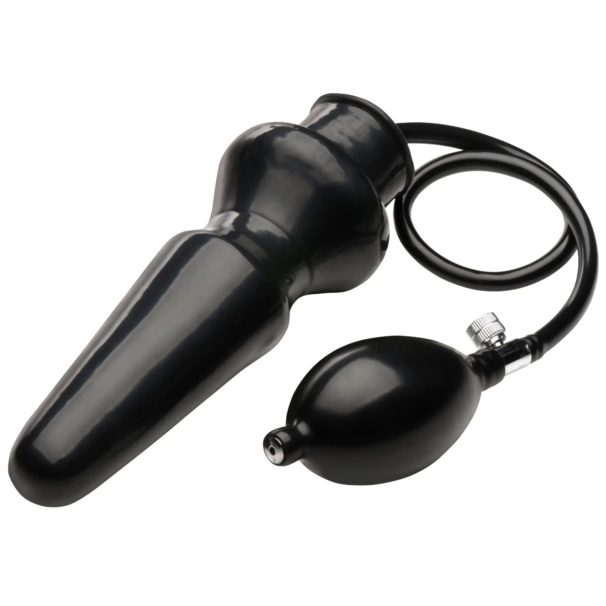 Master Series Expand XL black inflatable anal plug with a hand pump and release valve on a white background.
