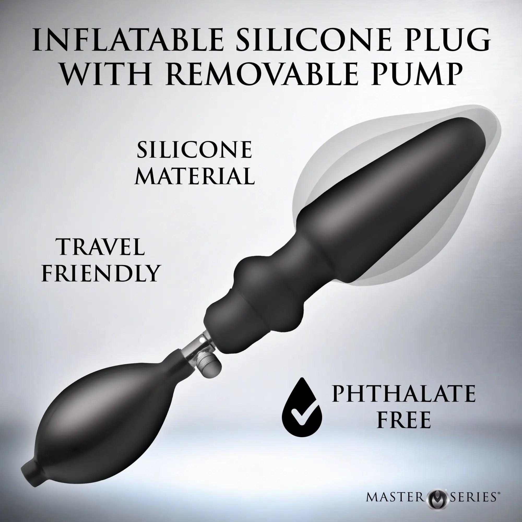 Black Master Series Expander inflatable silicone anal plug with a hand pump and silver release valve.