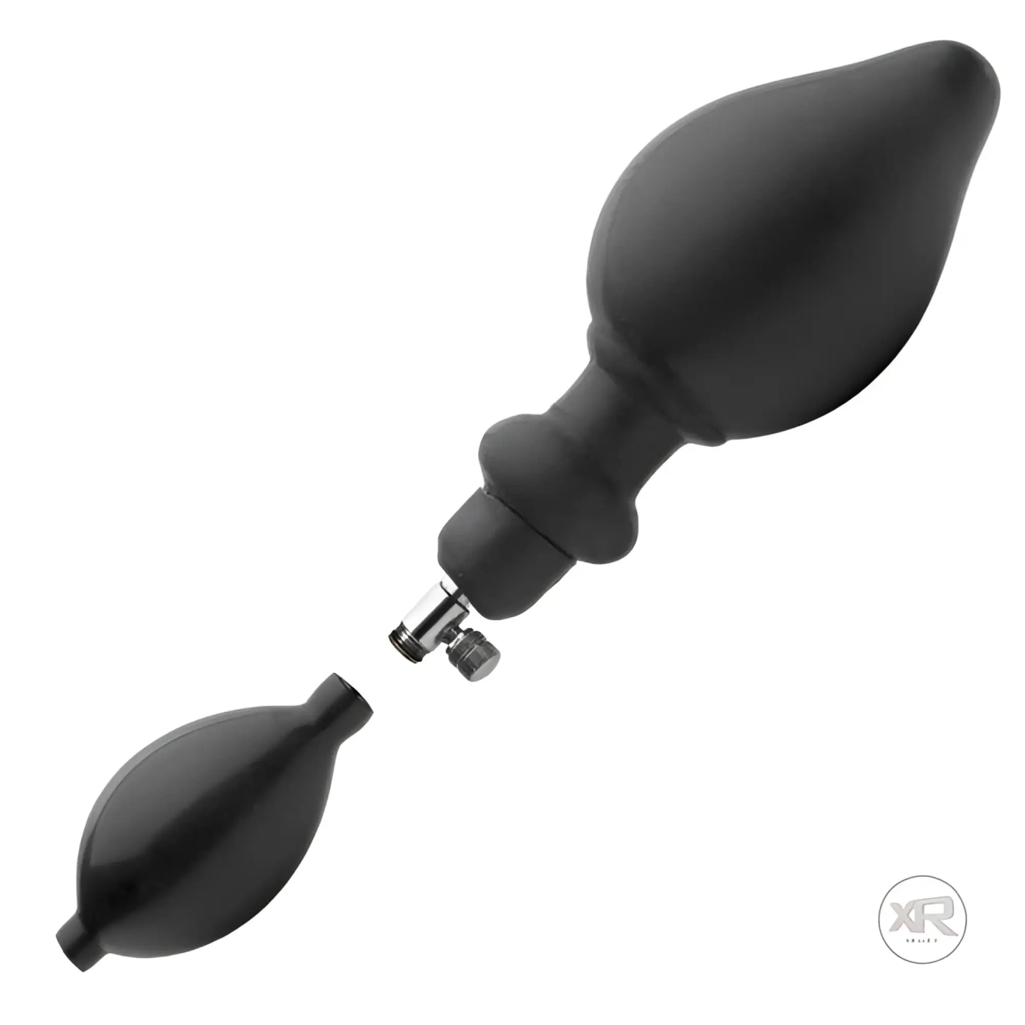 Master Series Expander inflatable black anal plug with a detached manual hand pump and silver valve mechanism.