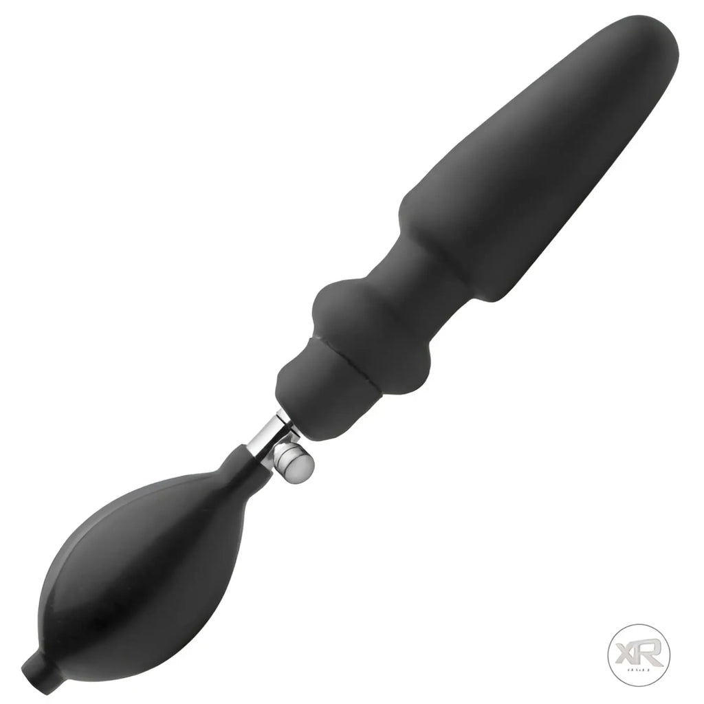 Master Series Expander inflatable anal plug with a smooth, black silicone tapered body and detachable hand pump.