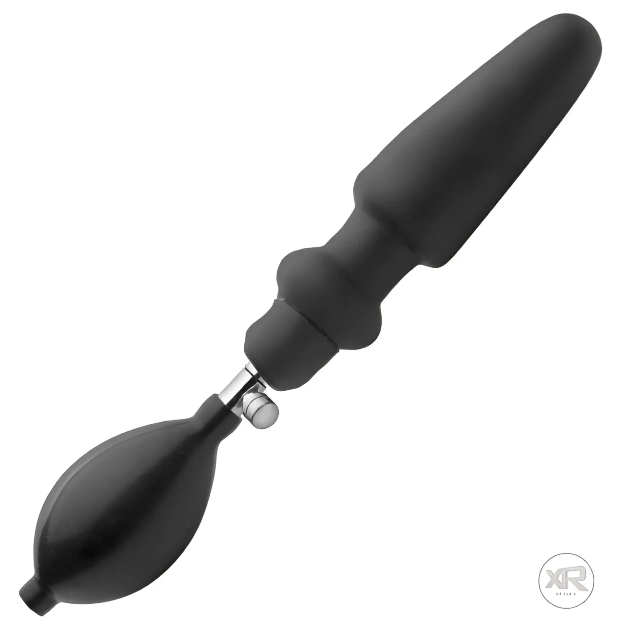Master Series Expander inflatable anal plug with a smooth, black silicone tapered body and detachable hand pump.